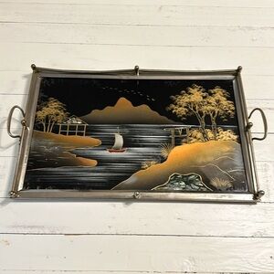 1920s Antique French Hand painted and Foiled chrome reverse footed serving tray